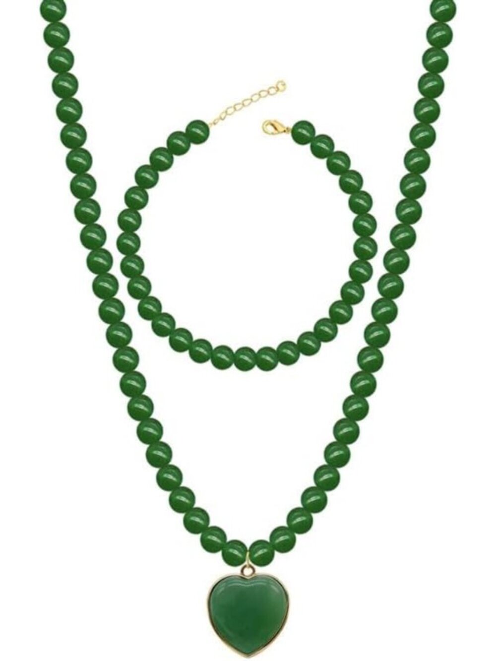 Elegant Green Jade Beaded Jewelry Set: Long Necklace & Bracelet with Gold
